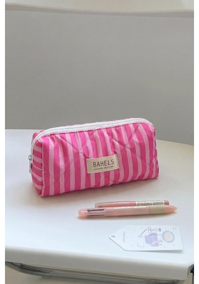 Tr Pembe Çizgili Kalemlik Kalem Kutusu, 19x9x6 Cm, Kapitone Kumaş Genel