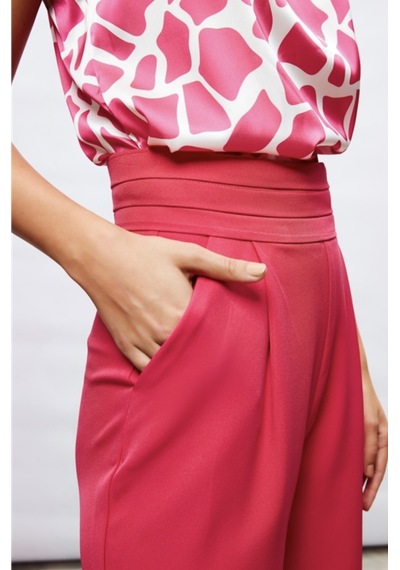 Kuşak Detaylı Cepli Kumaş Pantolon- Pembe Renk-108 Pembe