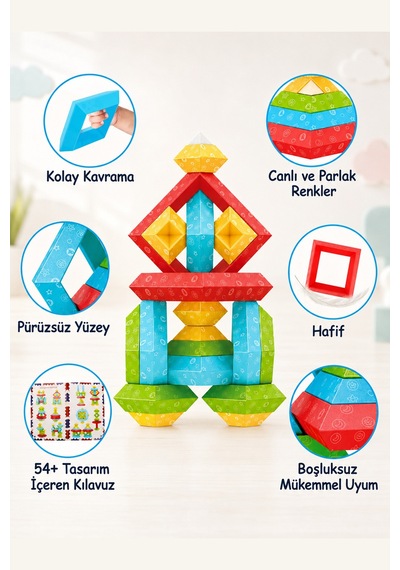 Denge Blokları, Büyük Boy Renkli Geometrik Bloklar 30 Parça Eğitici Yapı Seti
