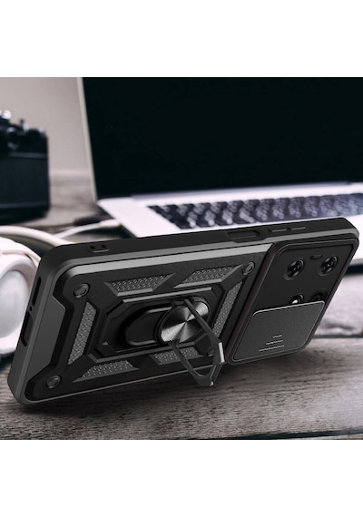 Nourthkiingdom Tecno Spark 10 Pro Kılıf Magnetik Standlı Kamera Korumalı Nrtk Sürgülü Vega Kapak - Siyah Siyah