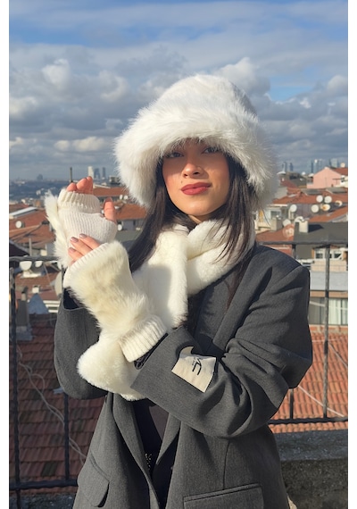 Mollycrush Suni Kürk Bucket Kalpak Atkı Eldiven 3'lü Set Kadın Kışlık Peluş Beyaz 3'lü Takım Beyaz
