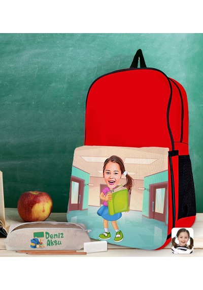 Bk Gift Kişiye Özel Kız Öğrenci Karikatürlü Kırmızı Okul Çantası Ve Kalemlik Hediye Seti-2