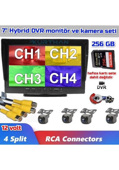 7 İnç Hybrid Dvr Monitör Ve 4 Adet Balık Gözü Lens 170 Derece