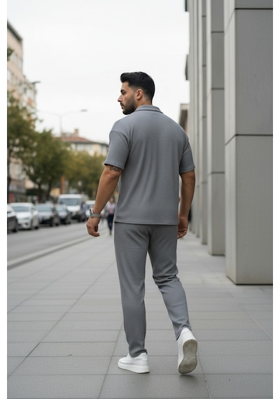 Fifty Color Unisex Trend Bürümcük Krinkıl Kumaş Yazlık Likralı Kısa Kol Gömlek Ve Eşofman Takım Gri