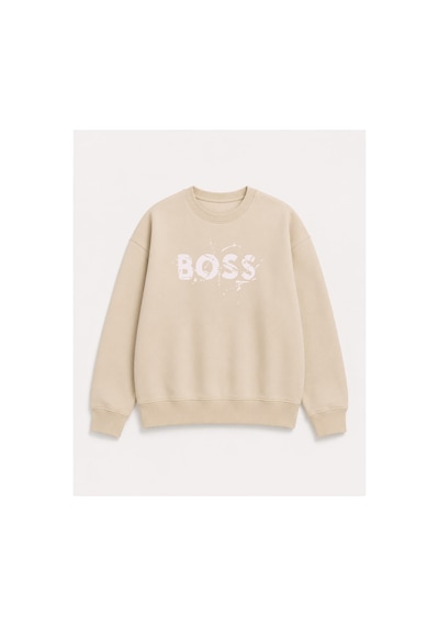 Herkesemoda Baskı Detaylı Şardonlu 2 İplik Bisiklet Yaka Sweatshirt Bej