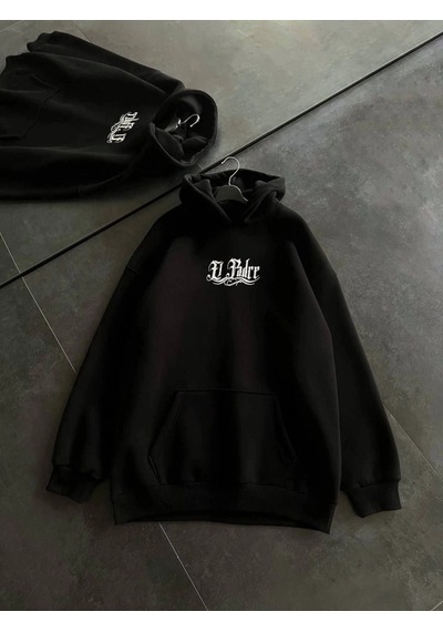 Valensdesign Üç İplik Penye Uzun Kol Kapşonlu Baskılı Sweatshirt - Siyah
