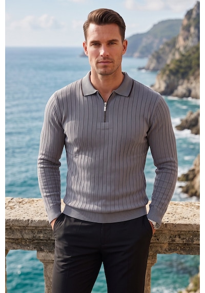 Deepsea Erkek Slim Fit Tüylenmeyen Çizgi Dokulu Füme Triko Kazak Fermuarlı Polo Yaka 2700401 Deepsea Erkek Slim Fit Tüylenmeyen Çizgi Dokulu Füme Triko Kazak Fermuarlı Polo Yaka 2700401