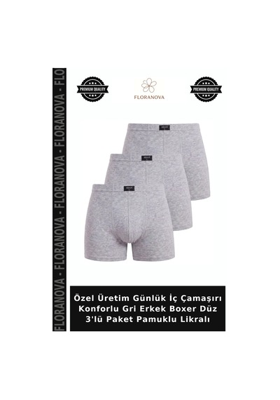 Floranova Özel Üretim Günlük İç Çamaşırı Konforlu Gri Erkek Boxer Düz 3'lü Paket Pamuklu Likralı