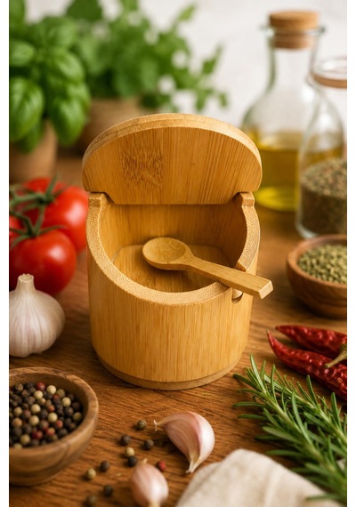 3'lü Kaşıklı Bambu Baharatlık Seti Kapaklı Saklama Kabı Kahve Şeker Tuz Kuruyemiş Organizer Şekerlik