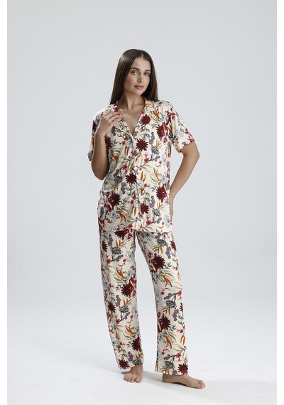 Kompedan Kadın Şal Desen Önden Düğmeli Pijama Takım Şal Dsn1