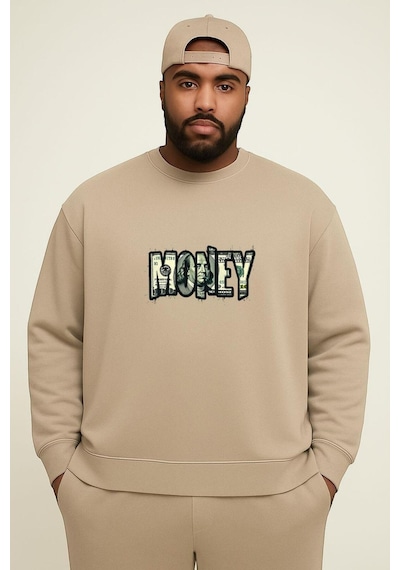 Benroma 3 İplik Penye Money Baskılı Büyük Beden Unisex Sweatshırt Bej