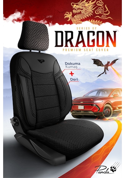 Siyah - Siyah Panda Dragon Serisi Dokuma Kumaş Oto Koltuk Kılıfı - Tam Set