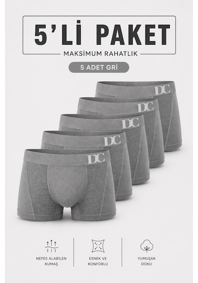 Elilom Erkek Boxer 5'li Paket Daily Comfort Dikişsiz Nefes Alır Pamuklu Gri Set 5p Gri