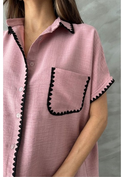 Verymoda Çoban Dikişli Keten Gömlek - D2597 Pudra