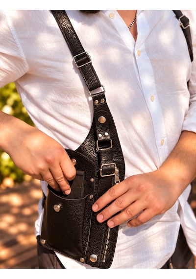 Hemlabel Hakiki Deri Erkek Göğüs Çantası Edc Holster Telefonluk Kişiye Özel El Yapımı Siyah