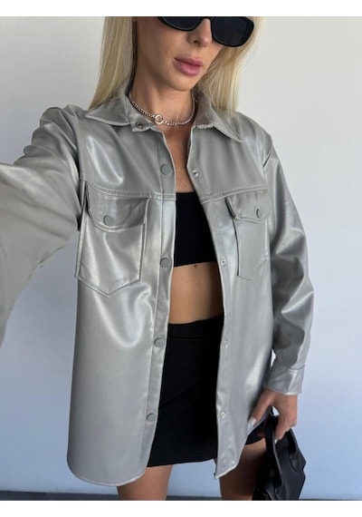 Kadın Gümüş Gri Oversize Düz Kesim Deri Ceket Gümüş Gri