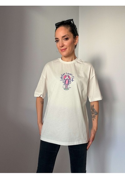Ali Butik Ekru Lobster Lover Club Baskılı Tişört Ekru Ali Butik Ekru Lobster Lover Club Baskılı Tişört Ekru