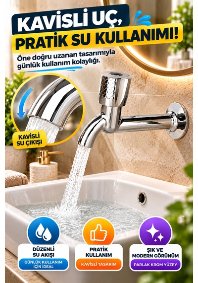Desenli Krom Uzun Musluk Aç Kapa Başlıklı Bahçe Wc Lavabo Balkon Teras Duvar Tipi Su Musluğu