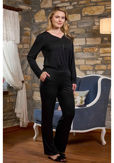 Cossy By Aqua 26275 Kadın Uzun Kollu Yakası Düğmeli Pijama Takımı-siyah Siyah