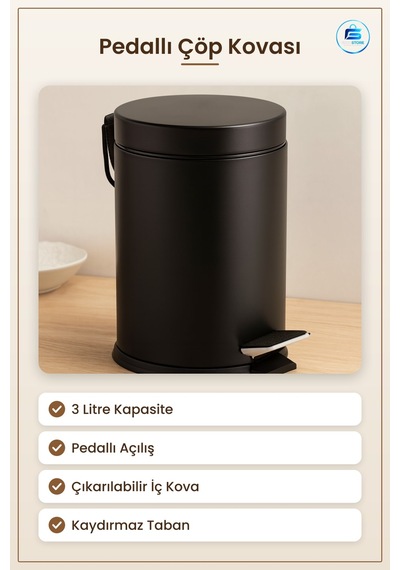 3l Pedallı Metal Çöp Kovası Siyah Toz Boya Kaplı Pas Dayanımlı Ba