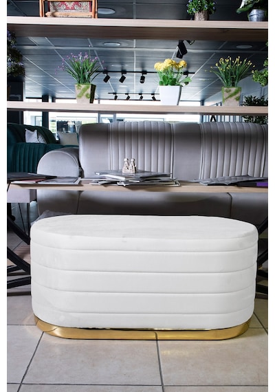 Lungo Long Line Beyaz Puf- 90cm Gold Kaplama Kapitoneli Luxery Pofuduk Oturma Pufu&Makyaj Puff&Bench