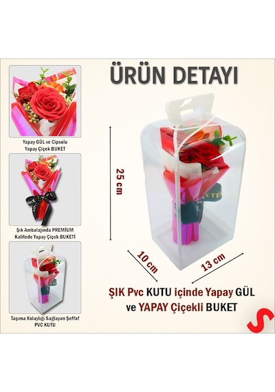 Pvc Kutulu,kırmızı Güllü Yapay Çiçek Buketi 25cmx13cm Renkli