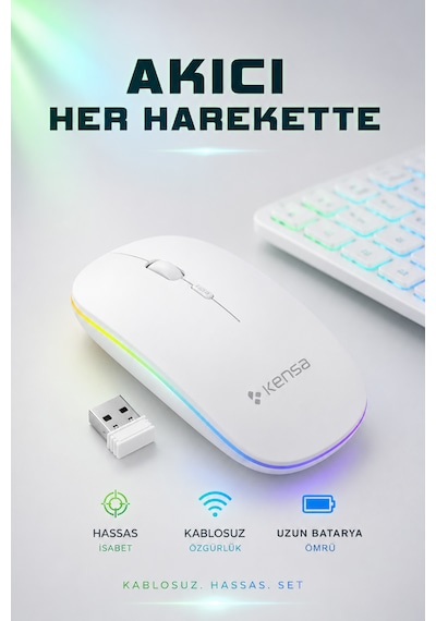 Tablet Ve Bilgisayar İçin Rgb Led Işıklı Taşınabilir Kablosuz Bluetooth Klavye Ve Dongle'lı Mouse Seti Beyaz