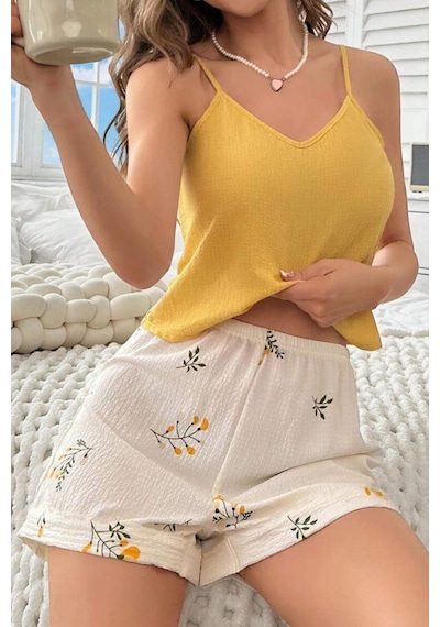 Bella Notte Sarı Askılı Üst & Çiçek Desenli Şortlu Yazlık Pijama Takımı