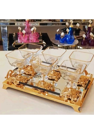 Çnr Home Collection Karen 7 Parça Döküm Ayaklı Sunumluk Seti Magnolia Dondurmalık Jup & Salata Kase Seti Gold