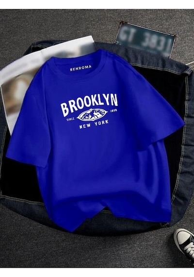 Oversıze Brooklyn Baskılı Unısex Tisort Baskılı Saks Mavisi