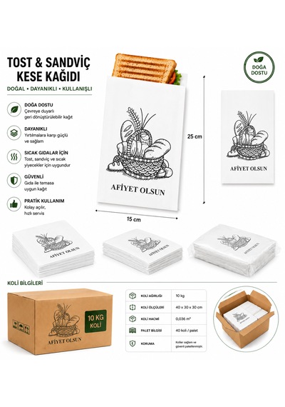Tost Ve Poğaça Kese Kağıdı 15x25 Afiyet Olsun Yazılı 10kg