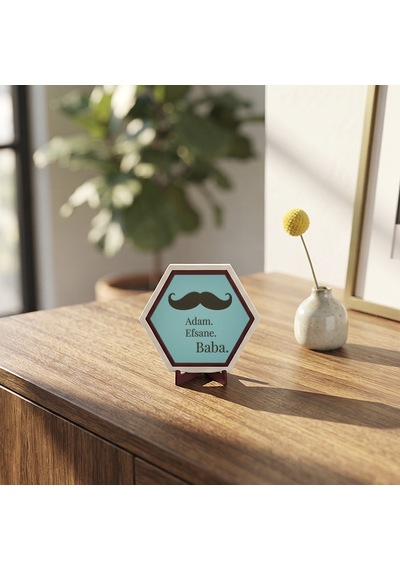 Bıyık Detaylı Efsane Baba Dekoratif Obje, Kitaplık Ve Konsollar İçin Özgün Masaüstü Dekoru 10x10 Cm, Turkuaz