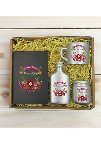 Bk Gift Kişiye Özel İsimli Dtf Anne Temalı Antrasit Defter & Gümüş Kahve Fincanı & Kolonya & Mum Hediye Seti-6, Anneye Hediye, Anneler Günü Hediyesi K