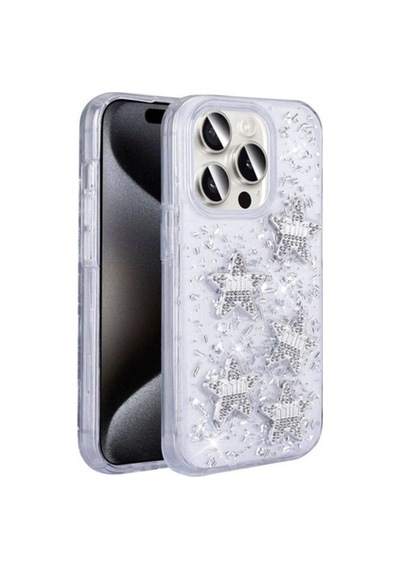 Apple Uyumlu iPhone 15 Pro Max Kılıf Airbagli Simli Arka Yüzey Zore Işıltı Silikon Kapak Beyaz-yıldız