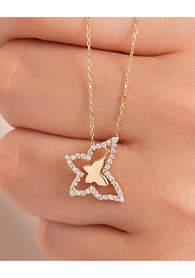 Debora Jewelry 14 Ayar Altın Taşlı Kelebek Detay Kolye