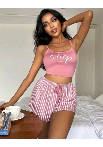Kadın Pembe Çizgili Desen Askılı Şortlu Pijama Takım 5002 Pembe