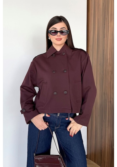 Jee Lee Kadın Gömlek Yaka Düğmeli Kısa Trençkot Mürdüm - 27k 3056