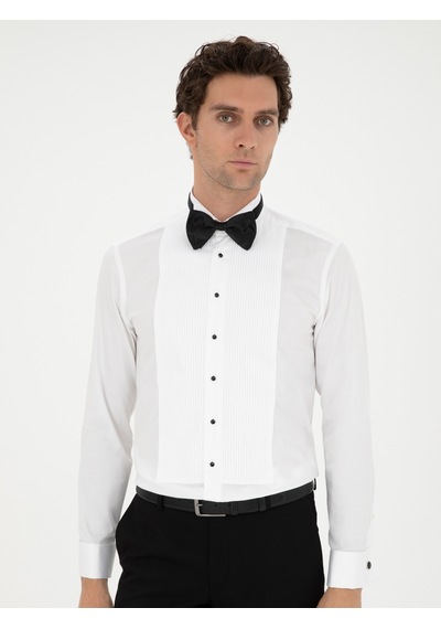 Cacharel Beyaz Slim Fit Manşetli Pamuk Karışımlı Smokin Gömlek