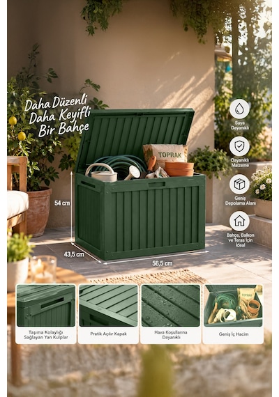 Porsima 161001-005 130lt Kilitli Organizer Kapaklı Bahçe Balkon Kiler Sandığı Çok Amaçlı Depolama Sandığı Yeşil Yeşil