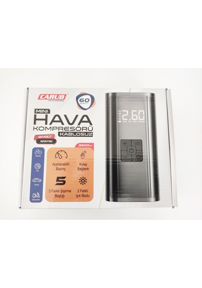 Carub BR249 13 30 12V 120Psi USB Typ-C 60 W Şarjlı Hava Kompresörü + 5 Aparat