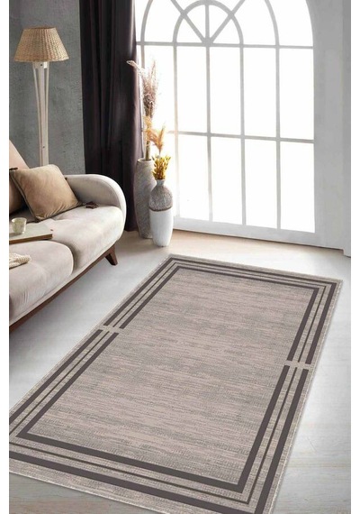 Bej Çerçeveli Kaymaz Tabanlı Makinede Yıkanabilir Halı Rv083n11