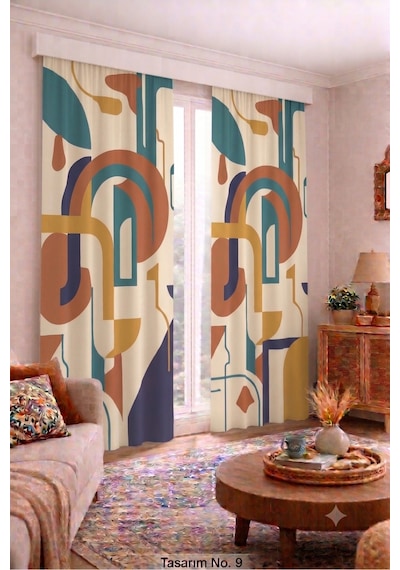 Modern Vintage Desenli Fon Perdesi 140x260 Cm 2 Kanat Dekoratif Dijital Baskılı Premium Salon Oturma Odası Yatak Odası Pencere Perdesi Turuncu