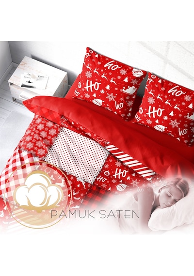 Monohome Ekose-1526  Yılbaşı Merry Christmas 3D Lastiksiz Pamuk Saten Çift Kişilik Nevresim Takımı