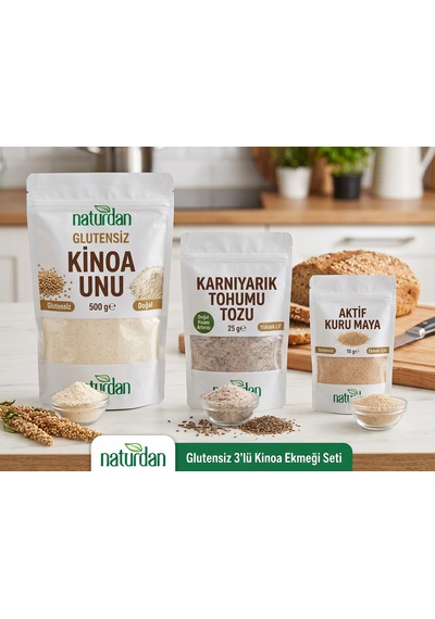 Glutensiz 3'lü Kinoa Ekmeği Seti 500 Gr Beyaz Kinoa Unu + 25 Gr Karnıyarık Tohumu Tozu + 25 Gr Kur