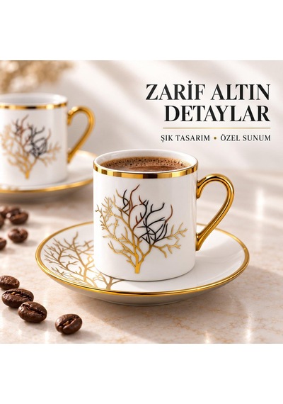 Valkyrie 12 Parça 6 Kişilik 80 Ml Türk Kahvesi Fincan Takımı Gold Detaylı Ağaç Desenli K654-a