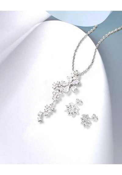 Brezza Lusso Jewelry Çiçek Demeti Elegant Stylish Night Kadın Gümüş Kolye Küpe Seti