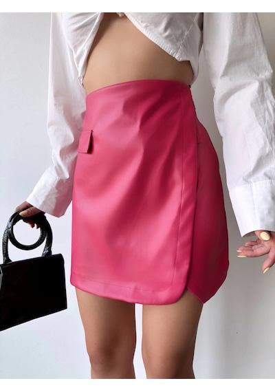 Defymoda Cep Detaylı Oval Kapaklı Deri Etek Fuşya H240048 Fuşya