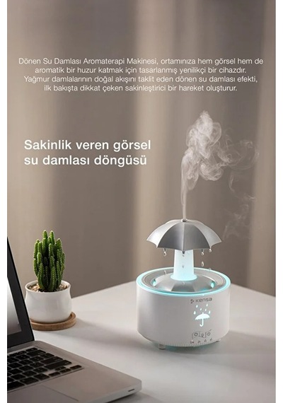 Şemsiye Tasarımlı 300 Ml Ultrasonik Aroma Difüzörü Led Yağmur Efektli Kumandalı Hava Nemlendirici