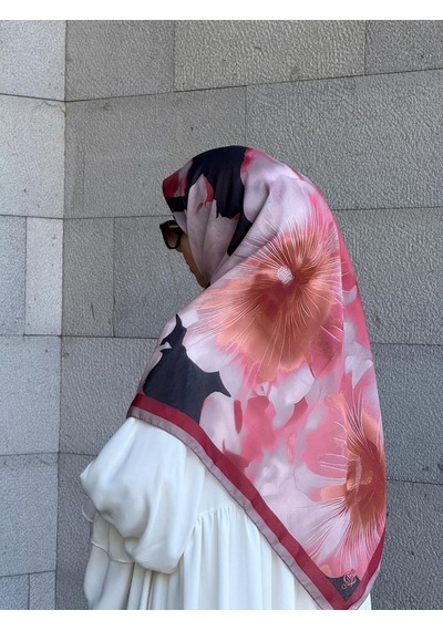 Qalortex Scarf Pamuklu Flora Desen Eşarp-bordo/siyah Bordo-siyah