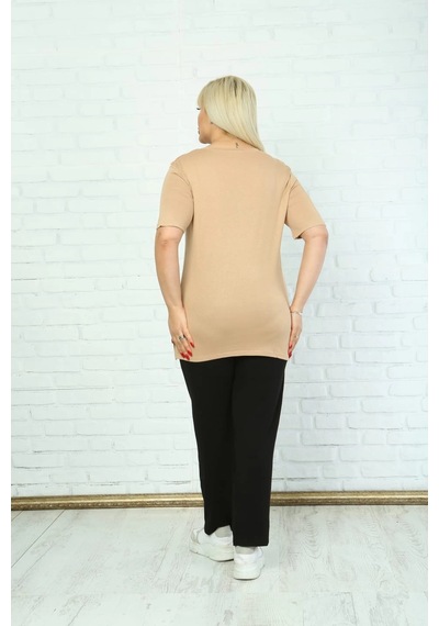 Modasehle Kadın Büyük Beden Bej Varak Detaylı T-shirt Bej